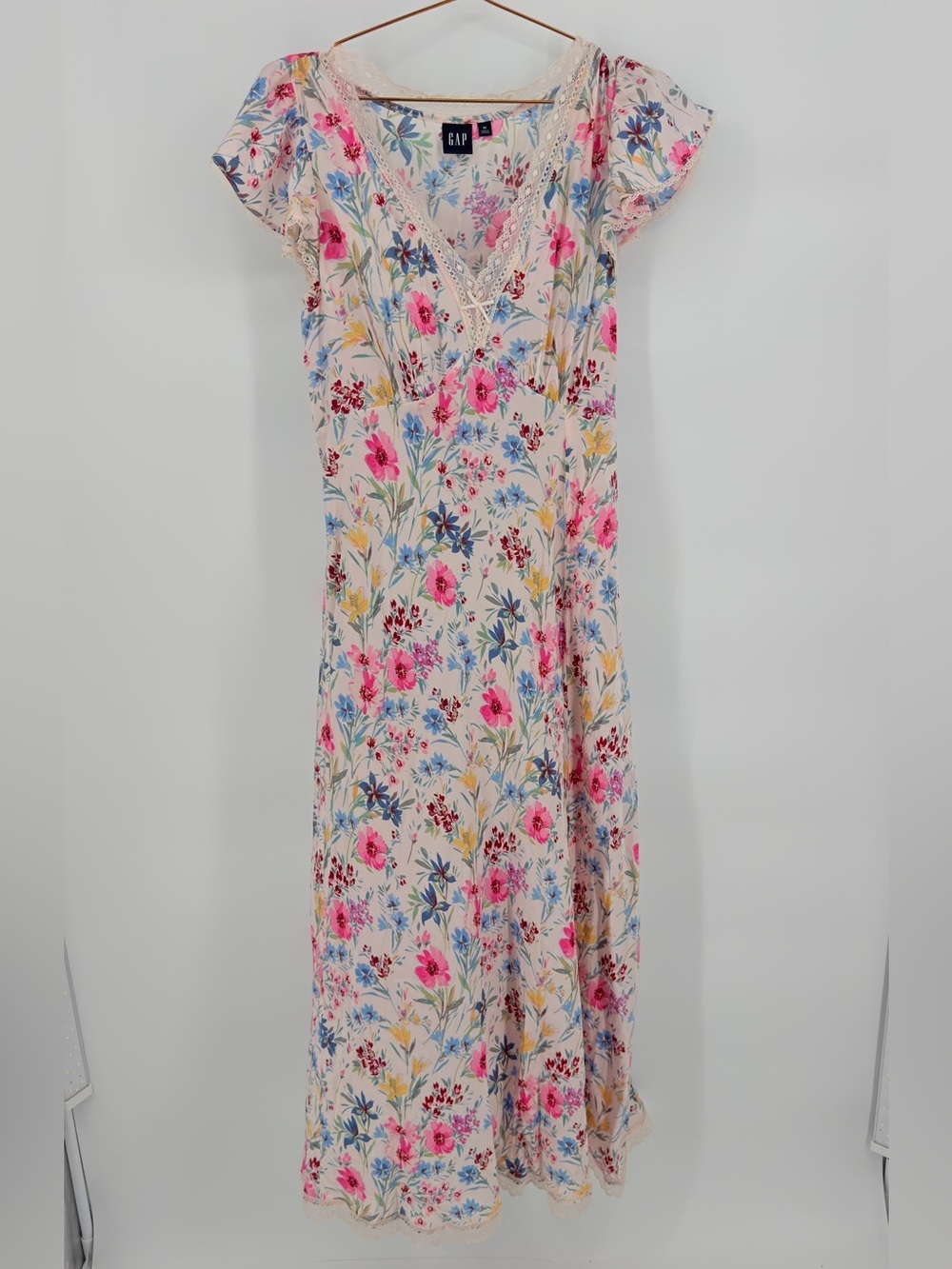 GAP Floral Lace Trim Maxi Dress Women’s Medium Cottagecore Boho Rayon